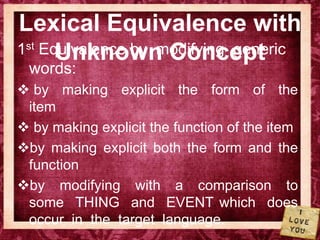 Lexical Equivalence with
1st Equivalence by modifying generic
      Unknown Concept
 words:
 by making explicit the form of the
 item
 by making explicit the function of the item
by making explicit both the form and the
 function
by modifying with a comparison to
 some THING and EVENT which does
 occur in the target language.
 
