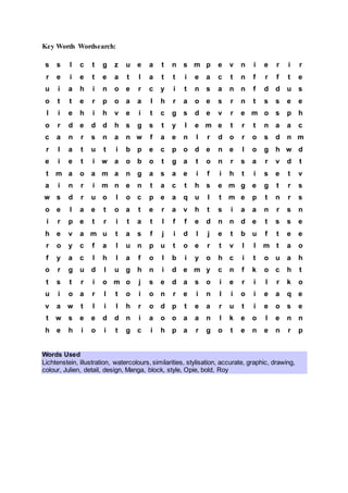 Key Words Wordsearch:
s s l c t g z u e a t n s m p e v n i e r i r
r e i e t e a t l a t t i e a c t n f r f t e
u i a h i n o e r c y i t n s a n n f d d u s
o t t e r p o a a l h r a o e s r n t s s e e
l i e h i h v e i t c g s d e v r e m o s p h
o r d e d d h s g s t y l e m e t r t n a a c
c a n r s n a n w f a e n l r d o r o s d n m
r l a t u t i b p e c p o d e n e l o g h w d
e i e t i w a o b o t g a t o n r s a r v d t
t m a o a m a n g a s a e i f i h t i s e t v
a i n r i m n e n t a c t h s e m g e g t r s
w s d r u o l o c p e a q u l t m e p t n r s
o e l a e t o a t e r a v h t s i a a n r s n
i r p e t r i t a t l f f e d n n d e t s s e
h e v a m u t a s f j i d l j e t b u f t e e
r o y c f a l u n p u t o e r t v l l m t a o
f y a c l h l a f o l b i y o h c i t o u a h
o r g u d l u g h n i d e m y c n f k o c h t
t s t r i o m o j s e d a s o i e r i l r k o
u i o a r l t o i o n r e i n l i o i e a q e
v a w t l i l h r o d p t e a r u t i e o s e
t w s e e d d n i a o o a a n l k e o l e n n
h e h i o i t g c i h p a r g o t e n e n r p
Words Used
Lichtenstein, illustration, watercolours, similarities, stylisation, accurate, graphic, drawing,
colour, Julien, detail, design, Manga, block, style, Opie, bold, Roy
 