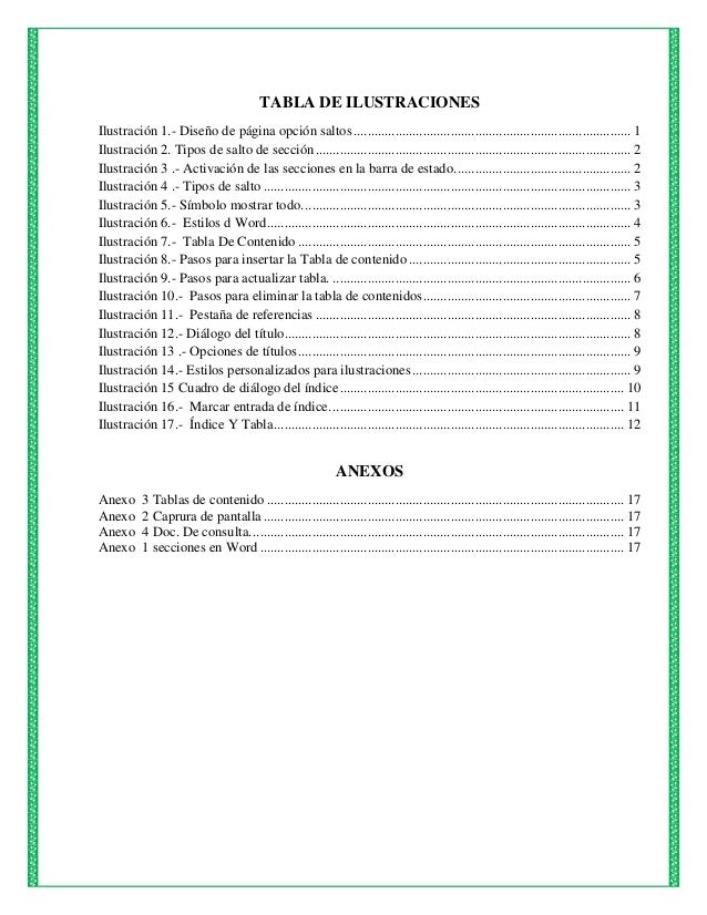 Word secciones , tablas de contenido , indice, tabla de ilustraciones.