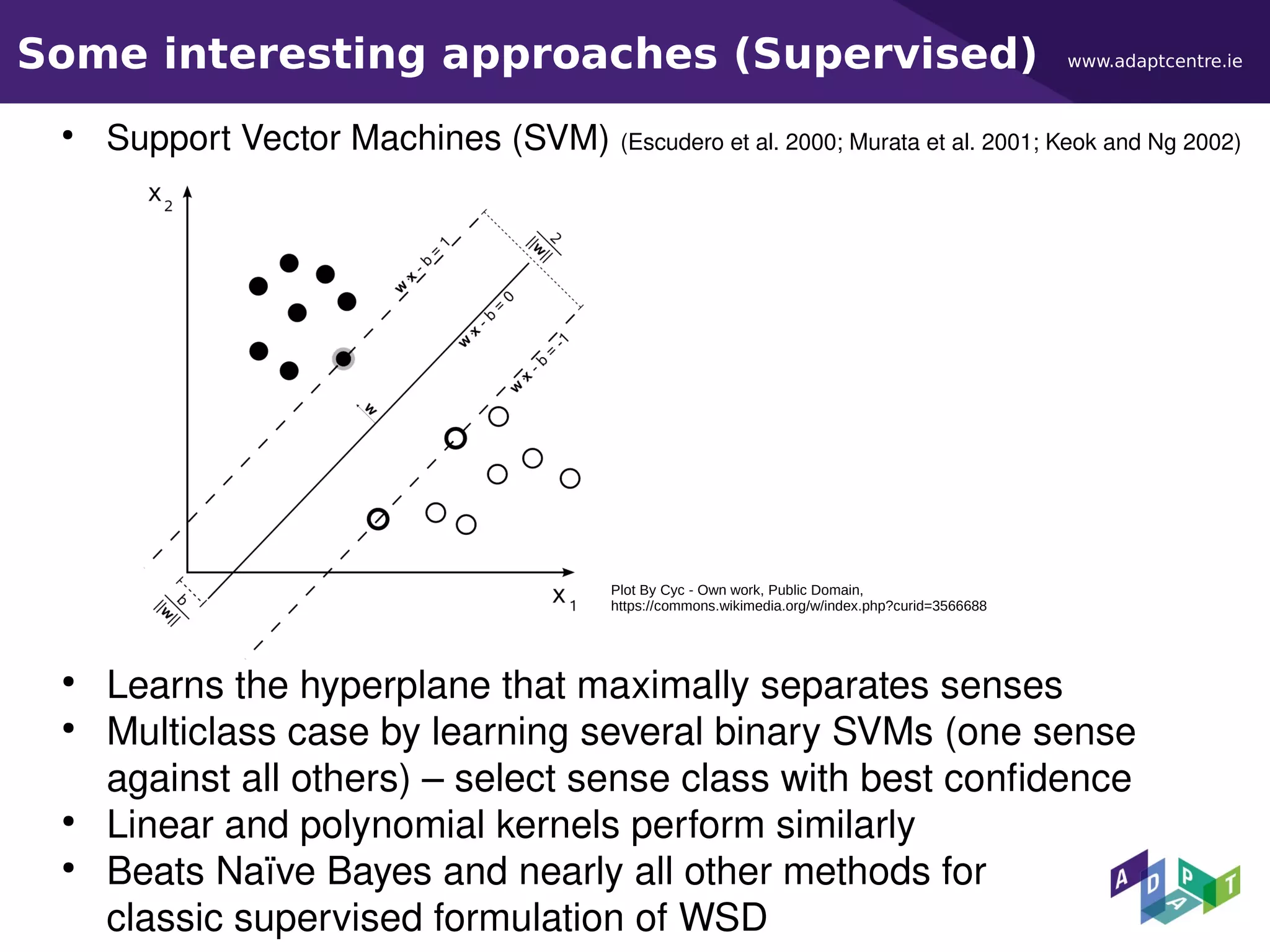 www.adaptcentre.ieSome interesting approaches (Supervised)
●
Support Vector Machines (SVM) (Escudero et al. 2000; Murata et al. 2001; Keok and Ng 2002)
●
Learns the hyperplane that maximally separates senses
●
Multiclass case by learning several binary SVMs (one sense
against all others) – select sense class with best confidence
●
Linear and polynomial kernels perform similarly
●
Beats Naïve Bayes and nearly all other methods for
classic supervised formulation of WSD
Plot By Cyc - Own work, Public Domain,
https://commons.wikimedia.org/w/index.php?curid=3566688
 