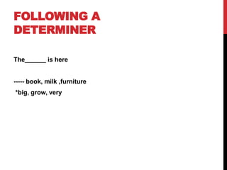 FOLLOWING A
DETERMINER
The______ is here
----- book, milk ,furniture
*big, grow, very
 