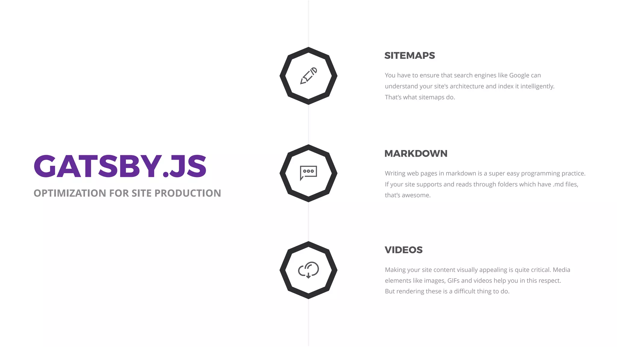 You have to ensure that search engines like Google can
understand your site's architecture and index it intelligently.
That’s what sitemaps do.
SITEMAPS
Making your site content visually appealing is quite critical. Media
elements like images, GIFs and videos help you in this respect.
But rendering these is a diﬃcult thing to do.
VIDEOS
Writing web pages in markdown is a super easy programming practice.
If your site supports and reads through folders which have .md ﬁles,
that’s awesome.
MARKDOWN
GATSBY.JS
OPTIMIZATION FOR SITE PRODUCTION
 