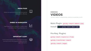 Main Plugin:
Install:
Pre-Req. Plugins:
•
DETAILS ABOUT EMBEDDING VIDEOS IN GATSBY.JS SITE
MEDIA FILES
Diﬀerent web applications render media ﬁles especially
videos and GIFs diﬀerently.
EMBED IN MARKDOWN
Plugins helps you source videos from a variety of video
hosts like YouTube, Vimeo, Dailymotion, etc.
IMPORTANT ALERT
If you’re using the gatsby-remark-responsive-iframe plugin,
you have to ensure that the gatsby-remark-embed-video
plugin is deﬁned ﬁrst.
EMBEDDING 
VIDEOS
 