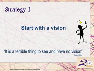 Strategy 1
11 Words Matter So Speak UP! Leading By Example
“It is a terrible thing to see and have no vision”
Helen Keller
Start with a vision
 