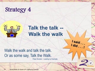 Strategy 4
14 Words Matter So Speak UP! Leading By Example
Walk the walk and talk the talk.
Or as some say, Talk the Walk.
Peter Drucker – Leading by Example
Talk the talk --
Walk the walk
 