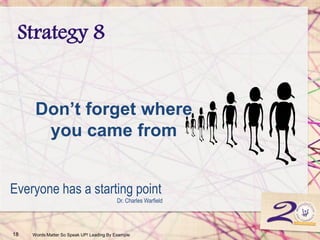 Strategy 8
18 Words Matter So Speak UP! Leading By Example
Everyone has a starting point
Dr. Charles Warfield
Don’t forget where
you came from
 