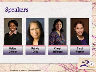 Speakers
3 Words Matter So Speak UP! Leading By Example
Cheryl
Jefferson
Carol
Wooden
Deidre
Connor
Patricia
Dolly
 