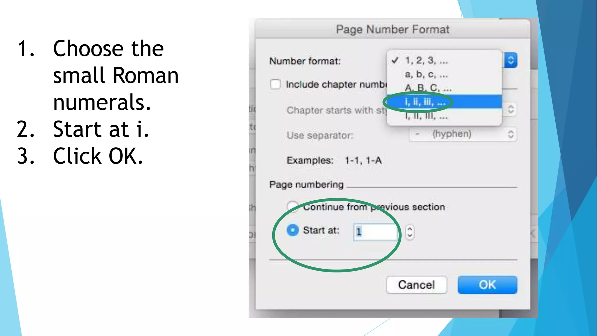 1. Choose the
small Roman
numerals.
2. Start at i.
3. Click OK.
 