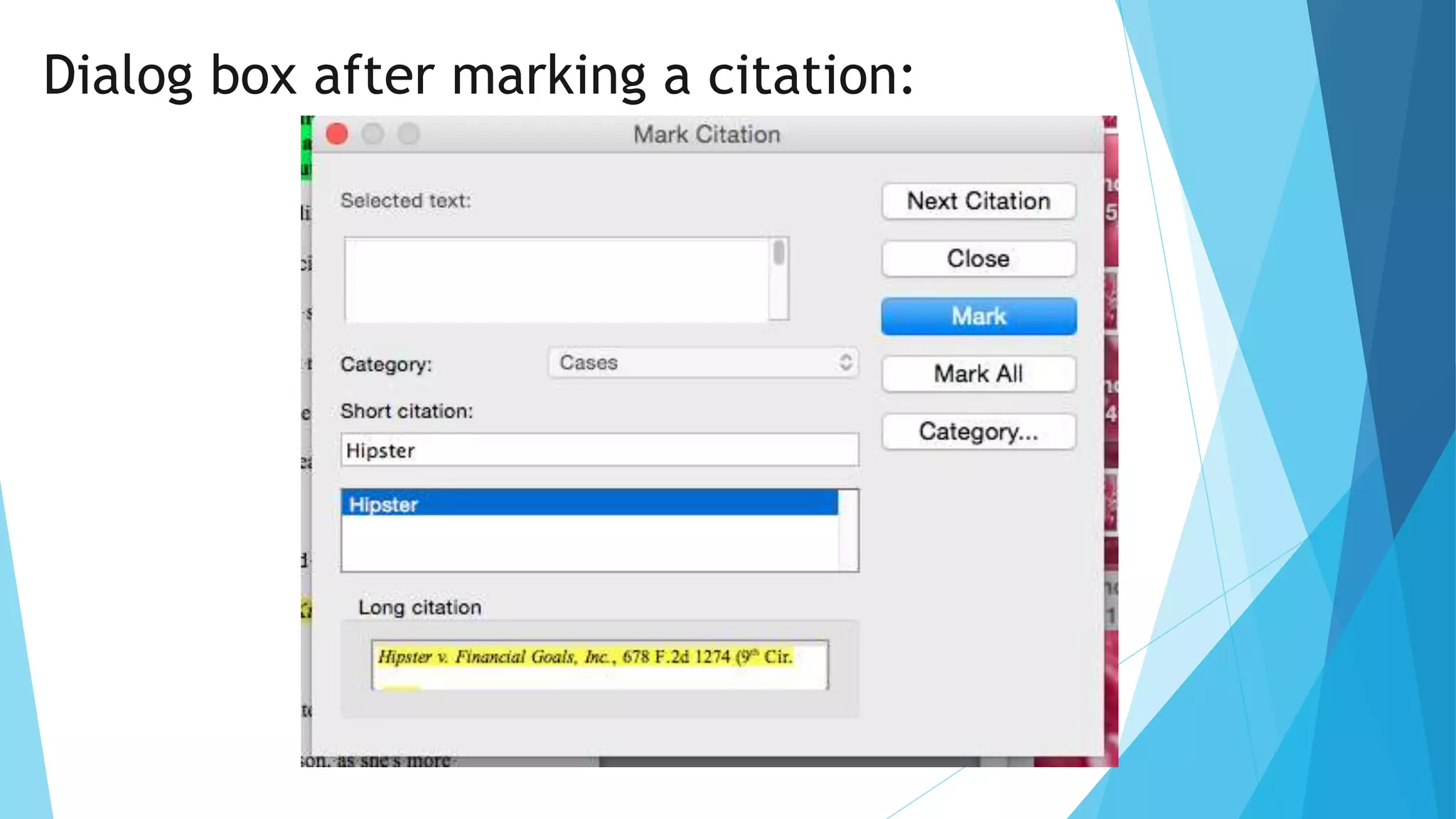 Dialog box after marking a citation:
 