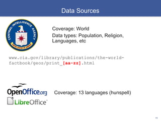 Data Sources
Coverage: World
Data types: Population, Religion,
Languages, etc
11
www.cia.gov/library/publications/the-worl...