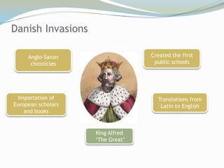 Danish Invasions

     Anglo-Saxon                  Created the first
      chronicles                   public schools




 Importation of                     Translations from
European scholars                    Latin to English
    and books


                    King Alfred
                    ‘The Great’
 