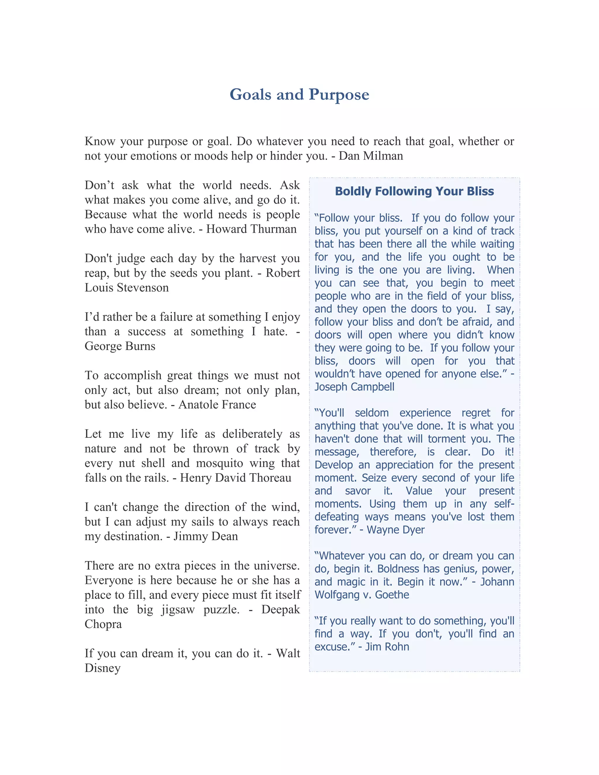 Goals and Purpose

Know your purpose or goal. Do whatever you need to reach that goal, whether or
not your emotions or moods help or hinder you. - Dan Milman

Don’t ask what the world needs. Ask                  Boldly Following Your Bliss
what makes you come alive, and go do it.
Because what the world needs is people           “Follow your bliss. If you do follow your
who have come alive. - Howard Thurman            bliss, you put yourself on a kind of track
                                                 that has been there all the while waiting
Don't judge each day by the harvest you          for you, and the life you ought to be
reap, but by the seeds you plant. - Robert       living is the one you are living. When
Louis Stevenson                                  you can see that, you begin to meet
                                                 people who are in the field of your bliss,
                                                 and they open the doors to you. I say,
I’d rather be a failure at something I enjoy     follow your bliss and don’t be afraid, and
than a success at something I hate. -            doors will open where you didn’t know
George Burns                                     they were going to be. If you follow your
                                                 bliss, doors will open for you that
To accomplish great things we must not           wouldn’t have opened for anyone else.” -
only act, but also dream; not only plan,         Joseph Campbell
but also believe. - Anatole France
                                                 “You'll seldom experience regret for
                                                 anything that you've done. It is what you
Let me live my life as deliberately as           haven't done that will torment you. The
nature and not be thrown of track by             message, therefore, is clear. Do it!
every nut shell and mosquito wing that           Develop an appreciation for the present
falls on the rails. - Henry David Thoreau        moment. Seize every second of your life
                                                 and savor it. Value your present
I can't change the direction of the wind,        moments. Using them up in any self-
but I can adjust my sails to always reach        defeating ways means you've lost them
                                                 forever.” - Wayne Dyer
my destination. - Jimmy Dean
                                                 “Whatever you can do, or dream you can
There are no extra pieces in the universe.       do, begin it. Boldness has genius, power,
Everyone is here because he or she has a         and magic in it. Begin it now.” - Johann
place to fill, and every piece must fit itself   Wolfgang v. Goethe
into the big jigsaw puzzle. - Deepak
Chopra                                           “If you really want to do something, you'll
                                                 find a way. If you don't, you'll find an
                                                 excuse.” - Jim Rohn
If you can dream it, you can do it. - Walt
Disney
 
