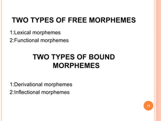 TWO TYPES OF FREE MORPHEMES
1:Lexical morphemes
2:Functional morphemes
TWO TYPES OF BOUND
MORPHEMES
1:Derivational morphemes
2:Inflectional morphemes
11
 