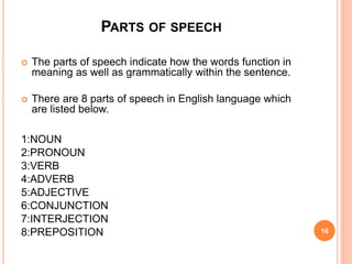 PARTS OF SPEECH
 The parts of speech indicate how the words function in
meaning as well as grammatically within the sentence.
 There are 8 parts of speech in English language which
are listed below.
1:NOUN
2:PRONOUN
3:VERB
4:ADVERB
5:ADJECTIVE
6:CONJUNCTION
7:INTERJECTION
8:PREPOSITION 16
 