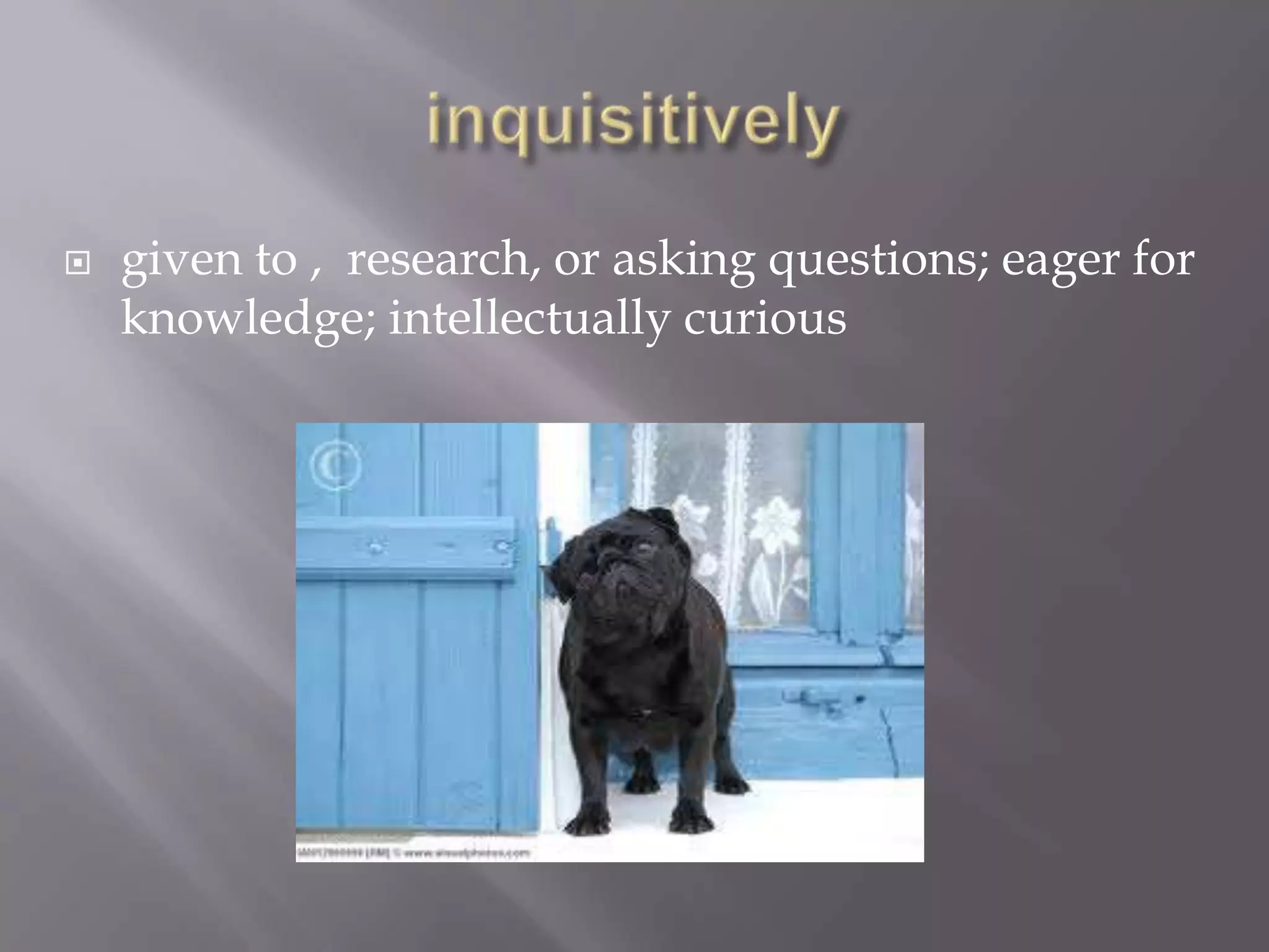    given to , research, or asking questions; eager for
    knowledge; intellectually curious
 