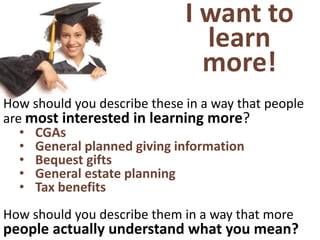 I want to
learn
more!
How should you describe these in a way that people
are most interested in learning more?
• CGAs
• General planned giving information
• Bequest gifts
• General estate planning
• Tax benefits
How should you describe them in a way that more
people actually understand what you mean?
 