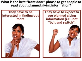 They have to be
interested in finding out
more
What is the best “front door” phrase to get people to
read about planned giving information?
They have to expect to
see planned giving
information (i.e., not
“bait and switch”)
 