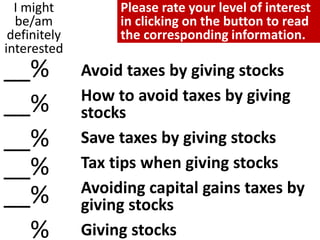Avoid taxes by giving stocks
How to avoid taxes by giving
stocks
Save taxes by giving stocks
Tax tips when giving stocks
Avoiding capital gains taxes by
giving stocks
Giving stocks
I might
be/am
definitely
interested
__%
__%
__%
__%
__%
__%
Please rate your level of interest
in clicking on the button to read
the corresponding information.
 