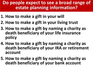 Do people expect to see a broad range of
estate planning information?
1. How to make a gift in your will
2. How to make a gift in your living trust
3. How to make a gift by naming a charity as
death beneficiary of your life insurance
policy
4. How to make a gift by naming a charity as
death beneficiary of your IRA or retirement
account
5. How to make a gift by naming a charity as
death beneficiary of your bank account
 