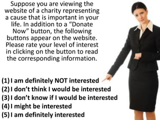 Suppose you are viewing the
website of a charity representing
a cause that is important in your
life. In addition to a “Donate
Now” button, the following
buttons appear on the website.
Please rate your level of interest
in clicking on the button to read
the corresponding information.
(1)I am definitely NOT interested
(2)I don’t think I would be interested
(3)I don’t know if I would be interested
(4)I might be interested
(5)I am definitely interested
 
