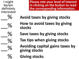 Avoid taxes by giving stocks
How to avoid taxes by giving
stocks
Save taxes by giving stocks
Tax tips when giving stocks
A...