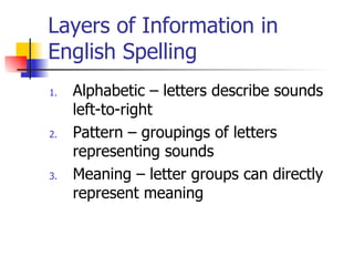 Layers of Information in
English Spelling
1.   Alphabetic – letters describe sounds
     left-to-right
2.   Pattern – groupings of letters
     representing sounds
3.   Meaning – letter groups can directly
     represent meaning
 