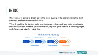 INTRO
This webinar is going to break down the client buying cycle, search marketing best
practices, and conversion optimization.
We will combine the best of paid search strategy, chat, and best data practices to
show how you can increase your conversions, improve your website & landing pages,
and sharpen up your keyword lists.
 