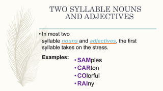 TWO SYLLABLE NOUNS
AND ADJECTIVES
• In most two
syllable nouns and adjectives, the first
syllable takes on the stress.
Examples:
•SAMples
•CARton
•COlorful
•RAIny
 