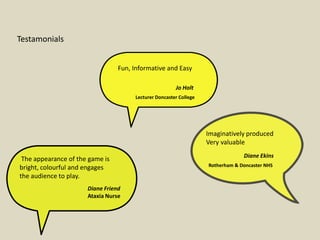 Testamonials
The appearance of the game is
bright, colourful and engages
the audience to play.
Diane Friend
Ataxia Nurse
Imaginatively produced
Very valuable
Diane Ekins
Rotherham & Doncaster NHS
Fun, Informative and Easy
Lecturer Doncaster College
Jo Holt
 