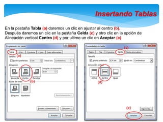 En la pestaña Tabla (a) daremos un clic en ajustar al centro (b).
Después daremos un clic en la pestaña Celda (c) y otro clic en la opción de
Alineación vertical Centro (d) y por ultimo un clic en Aceptar (e)
(a)
(b)
(c)
(d)
(e)
Insertando Tablas
 