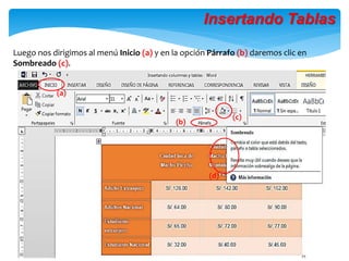 Insertando Tablas
Luego nos dirigimos al menú Inicio (a) y en la opción Párrafo (b) daremos clic en
Sombreado (c).
(d)
(c)
(b)
(a)
 