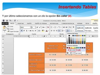 Y por último seleccionamos con un clic la opción Sin color (d).
Insertando Tablas
(d)
 