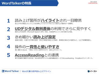 3
読み上げ箇所がハイライトされ一目瞭然
読上げ中の単語とセンテンスを同時にハイライトすることで読み上げ箇所が一目瞭然。
UDデジタル教科書体の利用でさらに見やすく
読み上げはSAPI（Microsoft Speech API）対応。合成音声エンジン切り替えも可能。
きめ細かい読み上げ設定
速度の変更、行間や文字間の設定、空白や括弧の読み上げ指定、英単語の読み方の選択など。ルビや辞書登録も。
操作の一貫性と使いやすさ
使い慣れたWord。「再生」ボタンを押すだけで、読み上げスタート。
AccessReadingとの連携
東大先端研が運営するEPUB、Word形式のデジタル教科書配信サービスAccessReading、DropBoxからインポート。
1
2
3
4
5
WordTalkerの特長
Word文書の音声読み上げアドイン
2017/10/24
CONFIDENTIAL
 