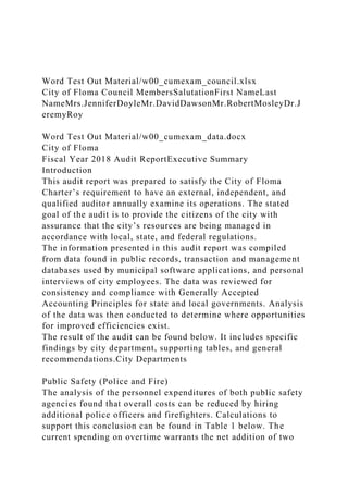 Word Test Out Material/w00_cumexam_council.xlsx
City of Floma Council MembersSalutationFirst NameLast
NameMrs.JenniferDoyleMr.DavidDawsonMr.RobertMosleyDr.J
eremyRoy
Word Test Out Material/w00_cumexam_data.docx
City of Floma
Fiscal Year 2018 Audit ReportExecutive Summary
Introduction
This audit report was prepared to satisfy the City of Floma
Charter’s requirement to have an external, independent, and
qualified auditor annually examine its operations. The stated
goal of the audit is to provide the citizens of the city with
assurance that the city’s resources are being managed in
accordance with local, state, and federal regulations.
The information presented in this audit report was compiled
from data found in public records, transaction and management
databases used by municipal software applications, and personal
interviews of city employees. The data was reviewed for
consistency and compliance with Generally Accepted
Accounting Principles for state and local governments. Analysis
of the data was then conducted to determine where opportunities
for improved efficiencies exist.
The result of the audit can be found below. It includes specific
findings by city department, supporting tables, and general
recommendations.City Departments
Public Safety (Police and Fire)
The analysis of the personnel expenditures of both public safety
agencies found that overall costs can be reduced by hiring
additional police officers and firefighters. Calculations to
support this conclusion can be found in Table 1 below. The
current spending on overtime warrants the net addition of two
 