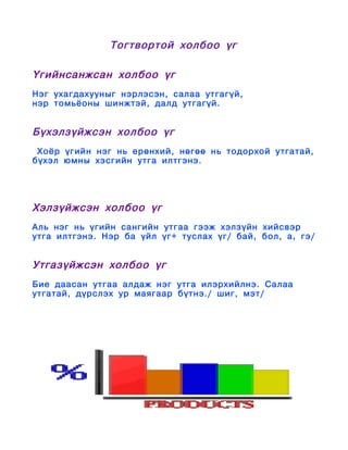 Тогтвортой холбоо үг

Үгийнсанжсан холбоо үг
Нэг ухагдахууныг нэрлэсэн, салаа утгагүй,
нэр томьёоны шинжтэй, далд утгагүй.


Бүхэлзүйжсэн холбоо үг
 Хоёр үгийн нэг нь ерөнхий, нөгөө нь тодорхой утгатай,
бүхэл юмны хэсгийн утга илтгэнэ.




Хэлзүйжсэн холбоо үг
Аль нэг нь үгийн сангийн утгаа гээж хэлзүйн хийсвэр
утга илтгэнэ. Нэр ба үйл үг+ туслах үг/ бай, бол, а, гэ/


Утгазүйжсэн холбоо үг
Бие даасан утгаа алдаж нэг утга илэрхийлнэ. Салаа
утгатай, дүрслэх ур маягаар бүтнэ./ шиг, мэт/
 