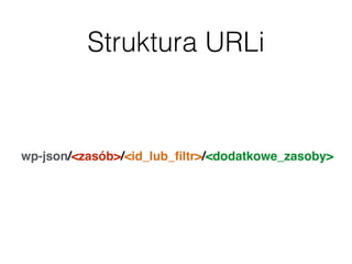 Struktura URLi
wp-json/<zasób>/<id_lub_ﬁltr>/<dodatkowe_zasoby>
 