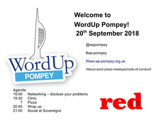 Welcome to
WordUp Pompey!
20th
September 2018
Agenda
19:00 Networking – disclose your problems
19:30 Clinic
? Pizza
20:45 Wrap up
21:00 Social at Sovereigns
@wppompey
#wp-pompey
Www.wp-pompey.org.uk
/About-word press-meetups/code-of-conduct/
 