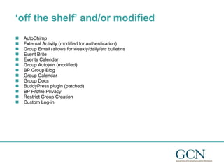 ‘off the shelf’ and/or modified AutoChimp External Activity (modified for authentication) Group Email (allows for weekly/daily/etc bulletins Event Brite Events Calendar Group Autojoin (modified) BP Group Blog Group Calendar Group Docs BuddyPress plugin (patched) BP Profile Privacy Restrict Group Creation Custom Log-in 