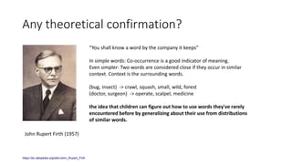 Any theoretical confirmation?
“You shall know a word by the company it keeps”
In simple words: Co-occurrence is a good indicator of meaning.
Even simpler: Two words are considered close if they occur in similar
context. Context is the surrounding words.
(bug, insect) -> crawl, squash, small, wild, forest
(doctor, surgeon) -> operate, scalpel, medicine
the idea that children can figure out how to use words they've rarely
encountered before by generalizing about their use from distributions
of similar words.
John Rupert Firth (1957)
https://en.wikipedia.org/wiki/John_Rupert_Firth
 
