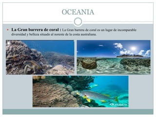 OCEANIA
 La Gran barrera de coral : La Gran barrera de coral es un lugar de incomparable
diversidad y belleza situado al noreste de la costa australiana.
 