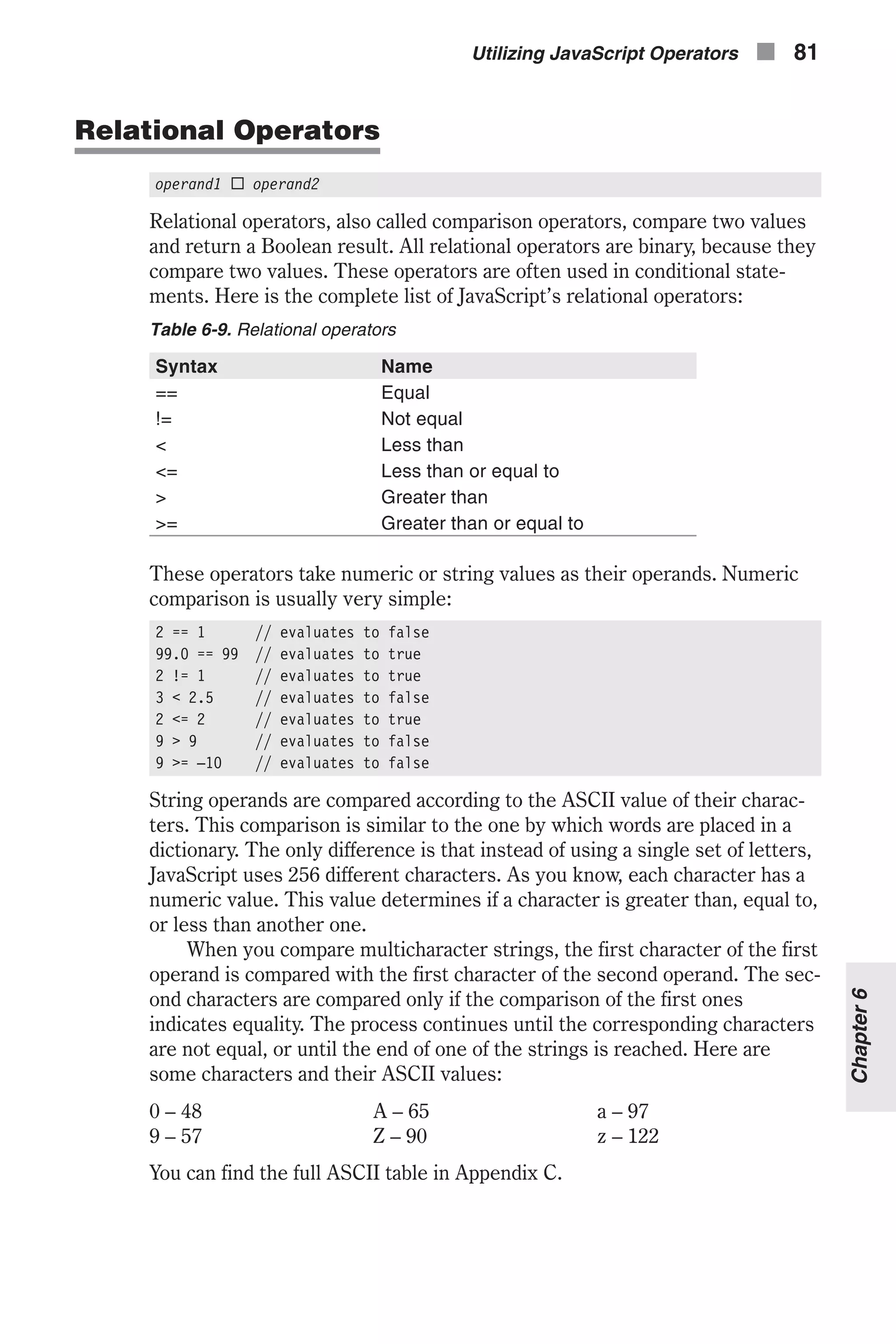 Relational Operators operand1 ¨ operand2 Relational operators, also called comparison operators, compare two values and return a Boolean result. All relational operators are binary, because they compare two values. These operators are often used in conditional state- ments. Here is the complete list of JavaScript’s relational operators: Table 6-9. Relational operators Syntax Name == Equal != Not equal < Less than <= Less than or equal to > Greater than >= Greater than or equal to These operators take numeric or string values as their operands. Numeric comparison is usually very simple: 2 == 1 // evaluates to false 99.0 == 99 // evaluates to true 2 != 1 // evaluates to true 3 < 2.5 // evaluates to false 2 <= 2 // evaluates to true 9 > 9 // evaluates to false 9 >= –10 // evaluates to false String operands are compared according to the ASCII value of their charac- ters. This comparison is similar to the one by which words are placed in a dictionary. The only difference is that instead of using a single set of letters, JavaScript uses 256 different characters. As you know, each character has a numeric value. This value determines if a character is greater than, equal to, or less than another one. When you compare multicharacter strings, the first character of the first operand is compared with the first character of the second operand. The sec- ond characters are compared only if the comparison of the first ones indicates equality. The process continues until the corresponding characters are not equal, or until the end of one of the strings is reached. Here are some characters and their ASCII values: 0 – 48 A – 65 a – 97 9 – 57 Z – 90 z – 122 You can find the full ASCII table in Appendix C. Utilizing JavaScript Operators n 81 Chapter6 
