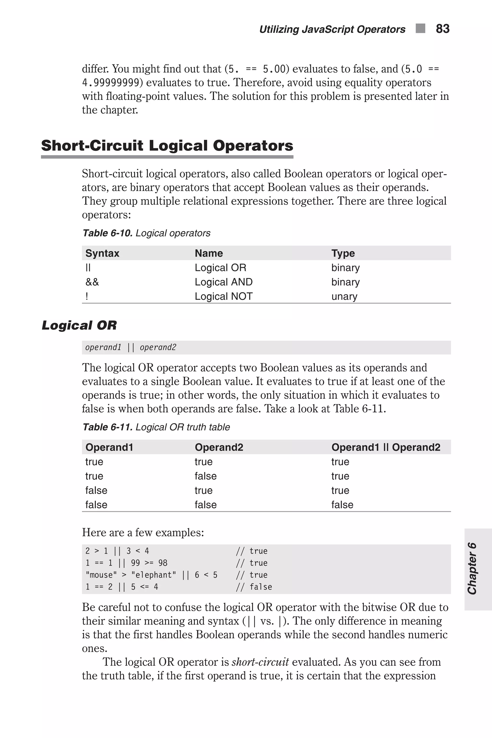 differ. You might find out that (5. == 5.00) evaluates to false, and (5.0 == 4.99999999) evaluates to true. Therefore, avoid using equality operators with floating-point values. The solution for this problem is presented later in the chapter. Short-Circuit Logical Operators Short-circuit logical operators, also called Boolean operators or logical oper- ators, are binary operators that accept Boolean values as their operands. They group multiple relational expressions together. There are three logical operators: Table 6-10. Logical operators Syntax Name Type || Logical OR binary && Logical AND binary ! Logical NOT unary Logical OR operand1 || operand2 The logical OR operator accepts two Boolean values as its operands and evaluates to a single Boolean value. It evaluates to true if at least one of the operands is true; in other words, the only situation in which it evaluates to false is when both operands are false. Take a look at Table 6-11. Table 6-11. Logical OR truth table Operand1 Operand2 Operand1 || Operand2 true true true true false true false true true false false false Here are a few examples: 2 > 1 || 3 < 4 // true 1 == 1 || 99 >= 98 // true "mouse" > "elephant" || 6 < 5 // true 1 == 2 || 5 <= 4 // false Be careful not to confuse the logical OR operator with the bitwise OR due to their similar meaning and syntax (|| vs. |). The only difference in meaning is that the first handles Boolean operands while the second handles numeric ones. The logical OR operator is short-circuit evaluated. As you can see from the truth table, if the first operand is true, it is certain that the expression Utilizing JavaScript Operators n 83 Chapter6 