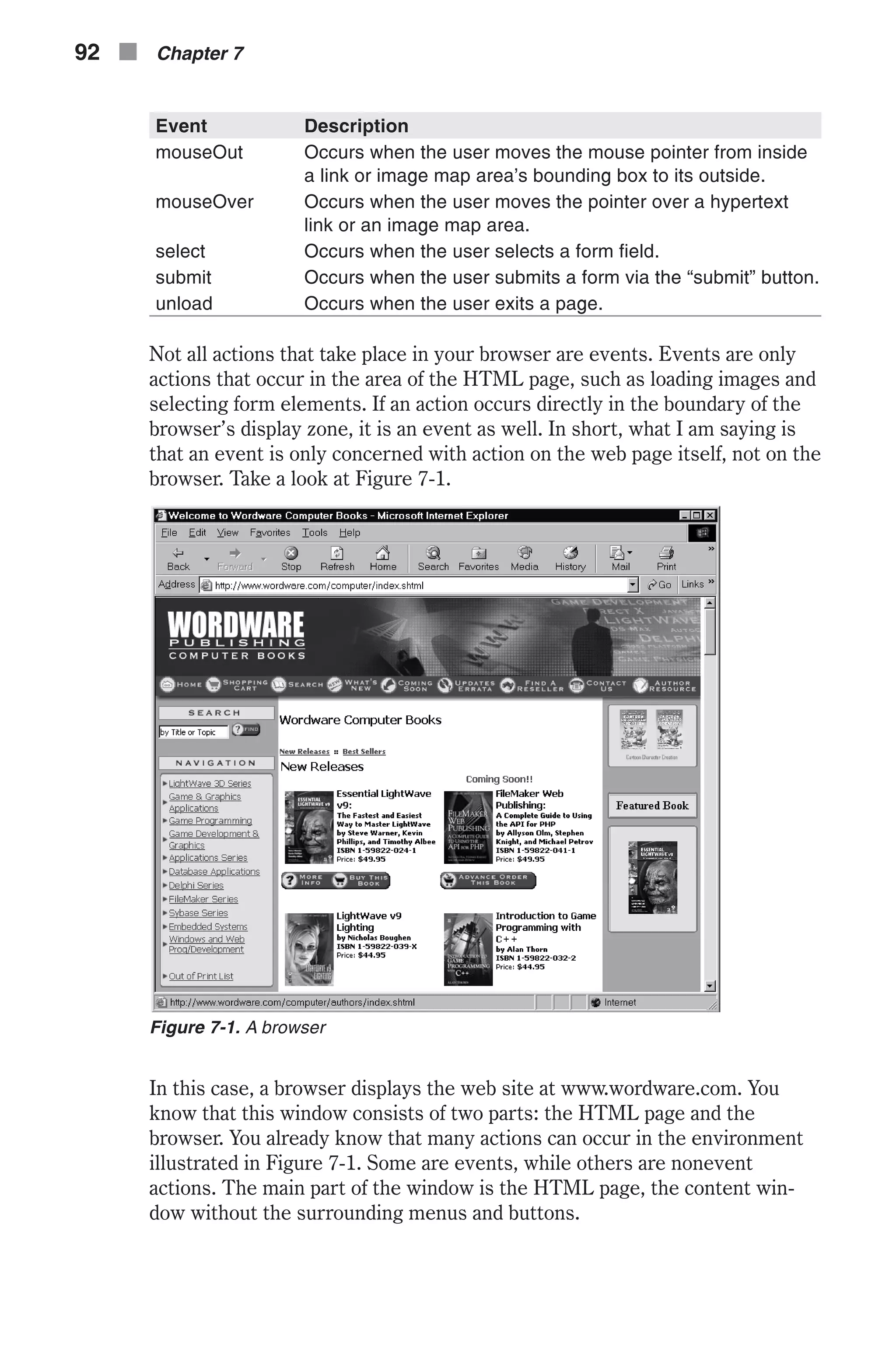 Event Description mouseOut Occurs when the user moves the mouse pointer from inside a link or image map area’s bounding box to its outside. mouseOver Occurs when the user moves the pointer over a hypertext link or an image map area. select Occurs when the user selects a form field. submit Occurs when the user submits a form via the “submit” button. unload Occurs when the user exits a page. Not all actions that take place in your browser are events. Events are only actions that occur in the area of the HTML page, such as loading images and selecting form elements. If an action occurs directly in the boundary of the browser’s display zone, it is an event as well. In short, what I am saying is that an event is only concerned with action on the web page itself, not on the browser. Take a look at Figure 7-1. In this case, a browser displays the web site at www.wordware.com. You know that this window consists of two parts: the HTML page and the browser. You already know that many actions can occur in the environment illustrated in Figure 7-1. Some are events, while others are nonevent actions. The main part of the window is the HTML page, the content win- dow without the surrounding menus and buttons. 92 n Chapter 7 Figure 7-1. A browser 