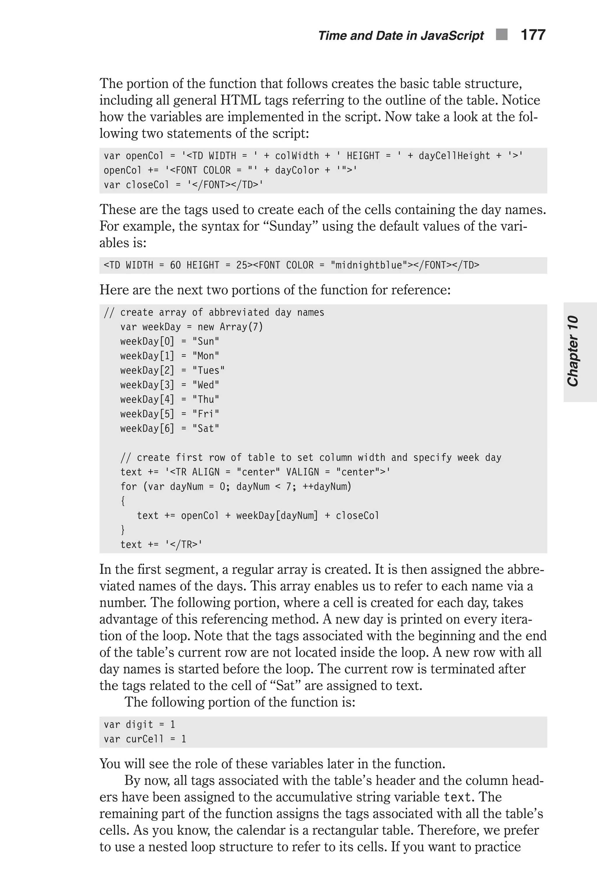 The portion of the function that follows creates the basic table structure, including all general HTML tags referring to the outline of the table. Notice how the variables are implemented in the script. Now take a look at the fol- lowing two statements of the script: var openCol = '<TD WIDTH = ' + colWidth + ' HEIGHT = ' + dayCellHeight + '>' openCol += '<FONT COLOR = "' + dayColor + '">' var closeCol = '</FONT></TD>' These are the tags used to create each of the cells containing the day names. For example, the syntax for “Sunday” using the default values of the vari- ables is: <TD WIDTH = 60 HEIGHT = 25><FONT COLOR = "midnightblue"></FONT></TD> Here are the next two portions of the function for reference: // create array of abbreviated day names var weekDay = new Array(7) weekDay[0] = "Sun" weekDay[1] = "Mon" weekDay[2] = "Tues" weekDay[3] = "Wed" weekDay[4] = "Thu" weekDay[5] = "Fri" weekDay[6] = "Sat" // create first row of table to set column width and specify week day text += '<TR ALIGN = "center" VALIGN = "center">' for (var dayNum = 0; dayNum < 7; ++dayNum) { text += openCol + weekDay[dayNum] + closeCol } text += '</TR>' In the first segment, a regular array is created. It is then assigned the abbre- viated names of the days. This array enables us to refer to each name via a number. The following portion, where a cell is created for each day, takes advantage of this referencing method. A new day is printed on every itera- tion of the loop. Note that the tags associated with the beginning and the end of the table’s current row are not located inside the loop. A new row with all day names is started before the loop. The current row is terminated after the tags related to the cell of “Sat” are assigned to text. The following portion of the function is: var digit = 1 var curCell = 1 You will see the role of these variables later in the function. By now, all tags associated with the table’s header and the column head- ers have been assigned to the accumulative string variable text. The remaining part of the function assigns the tags associated with all the table’s cells. As you know, the calendar is a rectangular table. Therefore, we prefer to use a nested loop structure to refer to its cells. If you want to practice Time and Date in JavaScript n 177 Chapter10 