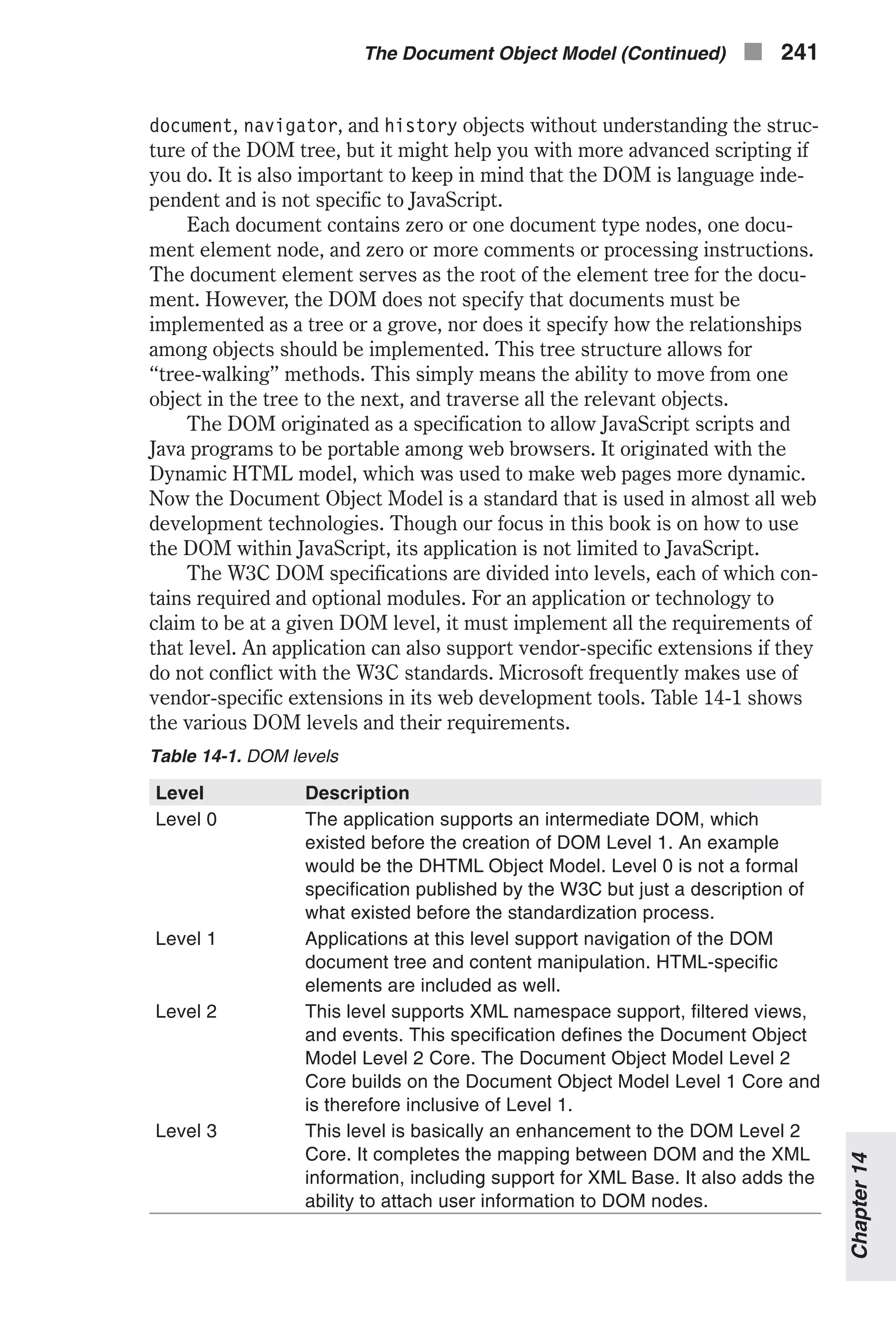 document, navigator, and history objects without understanding the struc- ture of the DOM tree, but it might help you with more advanced scripting if you do. It is also important to keep in mind that the DOM is language inde- pendent and is not specific to JavaScript. Each document contains zero or one document type nodes, one docu- ment element node, and zero or more comments or processing instructions. The document element serves as the root of the element tree for the docu- ment. However, the DOM does not specify that documents must be implemented as a tree or a grove, nor does it specify how the relationships among objects should be implemented. This tree structure allows for “tree-walking” methods. This simply means the ability to move from one object in the tree to the next, and traverse all the relevant objects. The DOM originated as a specification to allow JavaScript scripts and Java programs to be portable among web browsers. It originated with the Dynamic HTML model, which was used to make web pages more dynamic. Now the Document Object Model is a standard that is used in almost all web development technologies. Though our focus in this book is on how to use the DOM within JavaScript, its application is not limited to JavaScript. The W3C DOM specifications are divided into levels, each of which con- tains required and optional modules. For an application or technology to claim to be at a given DOM level, it must implement all the requirements of that level. An application can also support vendor-specific extensions if they do not conflict with the W3C standards. Microsoft frequently makes use of vendor-specific extensions in its web development tools. Table 14-1 shows the various DOM levels and their requirements. Table 14-1. DOM levels Level Description Level 0 The application supports an intermediate DOM, which existed before the creation of DOM Level 1. An example would be the DHTML Object Model. Level 0 is not a formal specification published by the W3C but just a description of what existed before the standardization process. Level 1 Applications at this level support navigation of the DOM document tree and content manipulation. HTML-specific elements are included as well. Level 2 This level supports XML namespace support, filtered views, and events. This specification defines the Document Object Model Level 2 Core. The Document Object Model Level 2 Core builds on the Document Object Model Level 1 Core and is therefore inclusive of Level 1. Level 3 This level is basically an enhancement to the DOM Level 2 Core. It completes the mapping between DOM and the XML information, including support for XML Base. It also adds the ability to attach user information to DOM nodes. The Document Object Model (Continued) n 241 Chapter14 