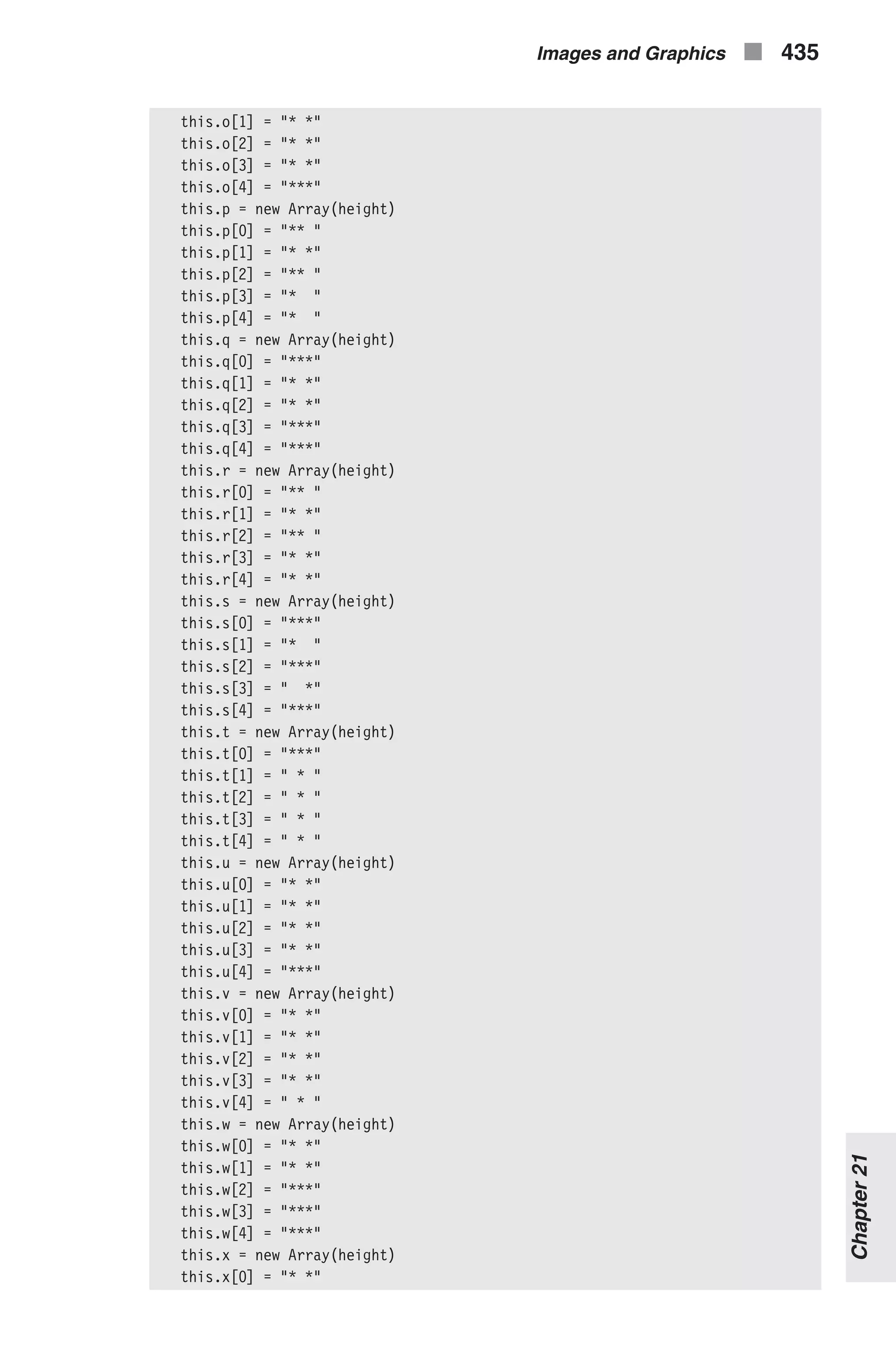 this.o[1] = "* *" this.o[2] = "* *" this.o[3] = "* *" this.o[4] = "***" this.p = new Array(height) this.p[0] = "** " this.p[1] = "* *" this.p[2] = "** " this.p[3] = "* " this.p[4] = "* " this.q = new Array(height) this.q[0] = "***" this.q[1] = "* *" this.q[2] = "* *" this.q[3] = "***" this.q[4] = "***" this.r = new Array(height) this.r[0] = "** " this.r[1] = "* *" this.r[2] = "** " this.r[3] = "* *" this.r[4] = "* *" this.s = new Array(height) this.s[0] = "***" this.s[1] = "* " this.s[2] = "***" this.s[3] = " *" this.s[4] = "***" this.t = new Array(height) this.t[0] = "***" this.t[1] = " * " this.t[2] = " * " this.t[3] = " * " this.t[4] = " * " this.u = new Array(height) this.u[0] = "* *" this.u[1] = "* *" this.u[2] = "* *" this.u[3] = "* *" this.u[4] = "***" this.v = new Array(height) this.v[0] = "* *" this.v[1] = "* *" this.v[2] = "* *" this.v[3] = "* *" this.v[4] = " * " this.w = new Array(height) this.w[0] = "* *" this.w[1] = "* *" this.w[2] = "***" this.w[3] = "***" this.w[4] = "***" this.x = new Array(height) this.x[0] = "* *" Images and Graphics n 435 Chapter21 