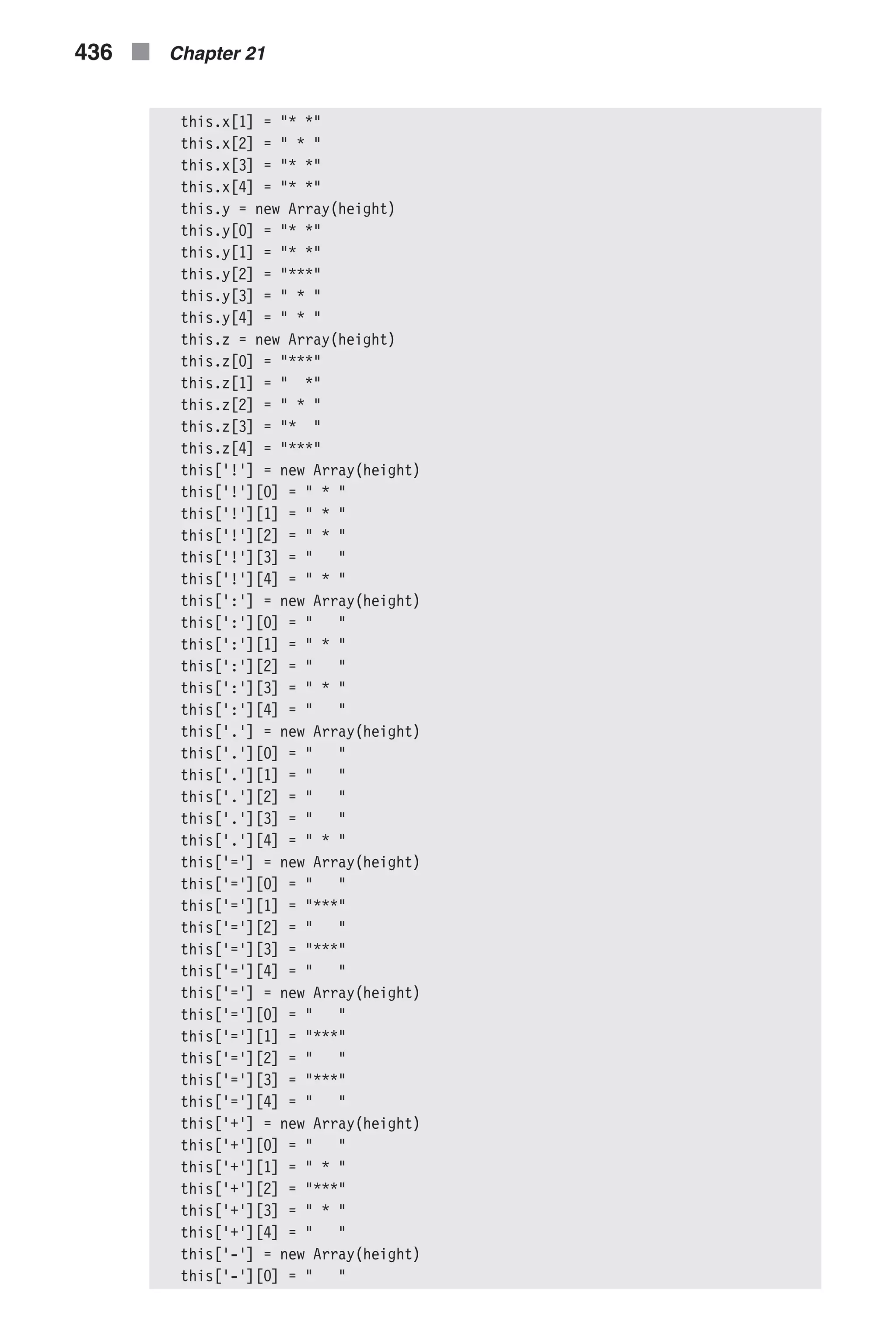 this.x[1] = "* *" this.x[2] = " * " this.x[3] = "* *" this.x[4] = "* *" this.y = new Array(height) this.y[0] = "* *" this.y[1] = "* *" this.y[2] = "***" this.y[3] = " * " this.y[4] = " * " this.z = new Array(height) this.z[0] = "***" this.z[1] = " *" this.z[2] = " * " this.z[3] = "* " this.z[4] = "***" this['!'] = new Array(height) this['!'][0] = " * " this['!'][1] = " * " this['!'][2] = " * " this['!'][3] = " " this['!'][4] = " * " this[':'] = new Array(height) this[':'][0] = " " this[':'][1] = " * " this[':'][2] = " " this[':'][3] = " * " this[':'][4] = " " this['.'] = new Array(height) this['.'][0] = " " this['.'][1] = " " this['.'][2] = " " this['.'][3] = " " this['.'][4] = " * " this['='] = new Array(height) this['='][0] = " " this['='][1] = "***" this['='][2] = " " this['='][3] = "***" this['='][4] = " " this['='] = new Array(height) this['='][0] = " " this['='][1] = "***" this['='][2] = " " this['='][3] = "***" this['='][4] = " " this['+'] = new Array(height) this['+'][0] = " " this['+'][1] = " * " this['+'][2] = "***" this['+'][3] = " * " this['+'][4] = " " this['-'] = new Array(height) this['-'][0] = " " 436 n Chapter 21 