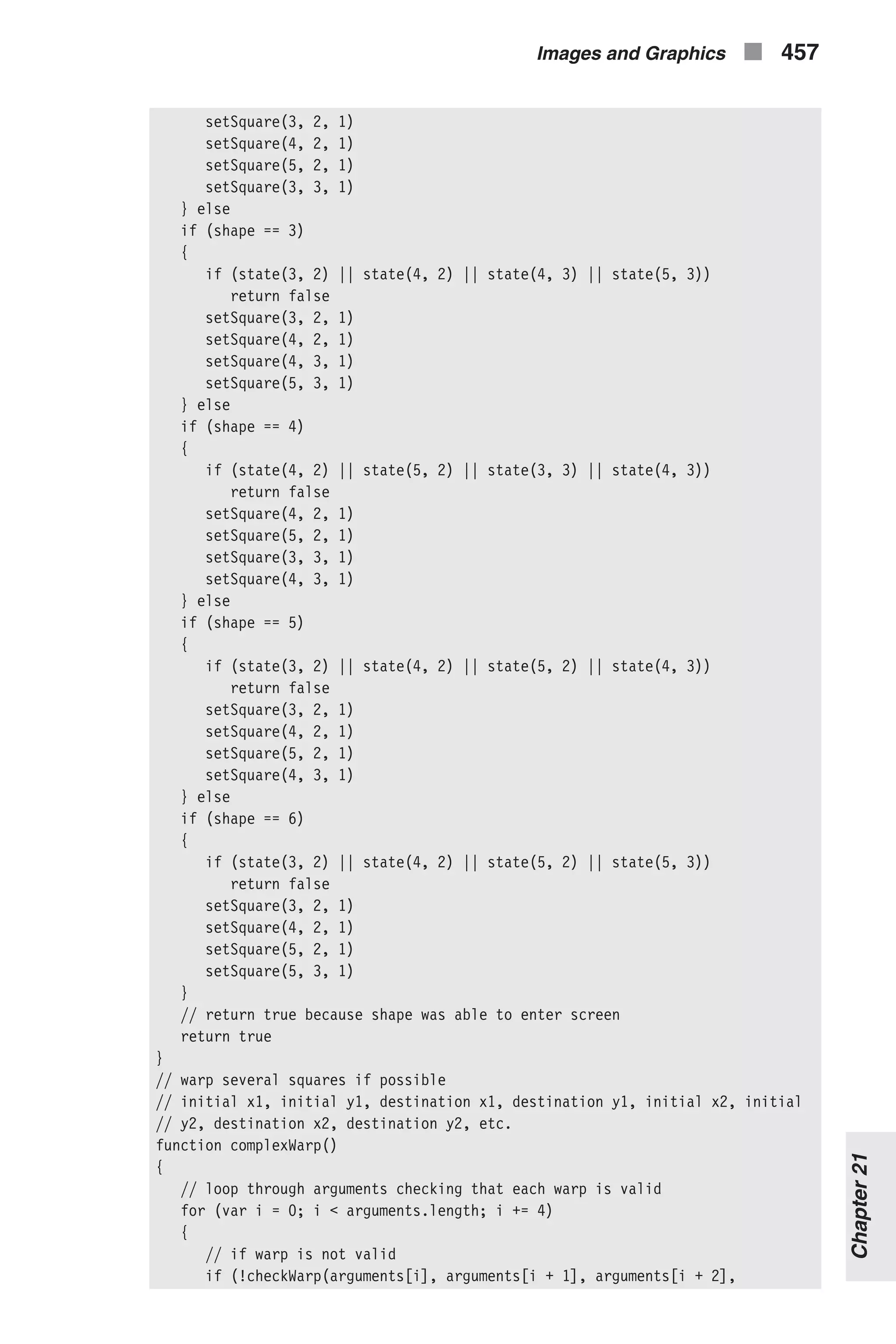 setSquare(3, 2, 1) setSquare(4, 2, 1) setSquare(5, 2, 1) setSquare(3, 3, 1) } else if (shape == 3) { if (state(3, 2) || state(4, 2) || state(4, 3) || state(5, 3)) return false setSquare(3, 2, 1) setSquare(4, 2, 1) setSquare(4, 3, 1) setSquare(5, 3, 1) } else if (shape == 4) { if (state(4, 2) || state(5, 2) || state(3, 3) || state(4, 3)) return false setSquare(4, 2, 1) setSquare(5, 2, 1) setSquare(3, 3, 1) setSquare(4, 3, 1) } else if (shape == 5) { if (state(3, 2) || state(4, 2) || state(5, 2) || state(4, 3)) return false setSquare(3, 2, 1) setSquare(4, 2, 1) setSquare(5, 2, 1) setSquare(4, 3, 1) } else if (shape == 6) { if (state(3, 2) || state(4, 2) || state(5, 2) || state(5, 3)) return false setSquare(3, 2, 1) setSquare(4, 2, 1) setSquare(5, 2, 1) setSquare(5, 3, 1) } // return true because shape was able to enter screen return true } // warp several squares if possible // initial x1, initial y1, destination x1, destination y1, initial x2, initial // y2, destination x2, destination y2, etc. function complexWarp() { // loop through arguments checking that each warp is valid for (var i = 0; i < arguments.length; i += 4) { // if warp is not valid if (!checkWarp(arguments[i], arguments[i + 1], arguments[i + 2], Images and Graphics n 457 Chapter21 
