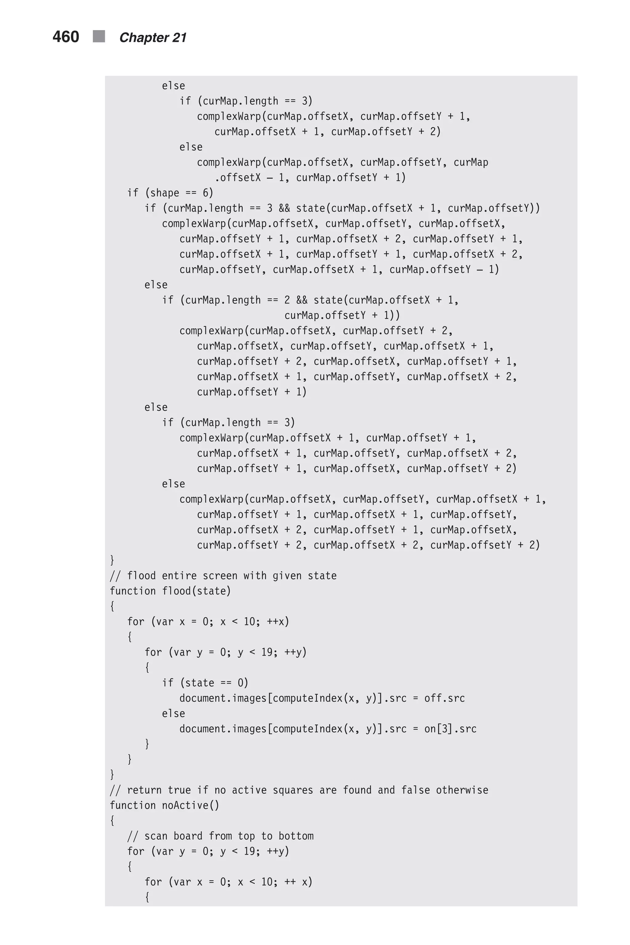 else if (curMap.length == 3) complexWarp(curMap.offsetX, curMap.offsetY + 1, curMap.offsetX + 1, curMap.offsetY + 2) else complexWarp(curMap.offsetX, curMap.offsetY, curMap .offsetX – 1, curMap.offsetY + 1) if (shape == 6) if (curMap.length == 3 && state(curMap.offsetX + 1, curMap.offsetY)) complexWarp(curMap.offsetX, curMap.offsetY, curMap.offsetX, curMap.offsetY + 1, curMap.offsetX + 2, curMap.offsetY + 1, curMap.offsetX + 1, curMap.offsetY + 1, curMap.offsetX + 2, curMap.offsetY, curMap.offsetX + 1, curMap.offsetY – 1) else if (curMap.length == 2 && state(curMap.offsetX + 1, curMap.offsetY + 1)) complexWarp(curMap.offsetX, curMap.offsetY + 2, curMap.offsetX, curMap.offsetY, curMap.offsetX + 1, curMap.offsetY + 2, curMap.offsetX, curMap.offsetY + 1, curMap.offsetX + 1, curMap.offsetY, curMap.offsetX + 2, curMap.offsetY + 1) else if (curMap.length == 3) complexWarp(curMap.offsetX + 1, curMap.offsetY + 1, curMap.offsetX + 1, curMap.offsetY, curMap.offsetX + 2, curMap.offsetY + 1, curMap.offsetX, curMap.offsetY + 2) else complexWarp(curMap.offsetX, curMap.offsetY, curMap.offsetX + 1, curMap.offsetY + 1, curMap.offsetX + 1, curMap.offsetY, curMap.offsetX + 2, curMap.offsetY + 1, curMap.offsetX, curMap.offsetY + 2, curMap.offsetX + 2, curMap.offsetY + 2) } // flood entire screen with given state function flood(state) { for (var x = 0; x < 10; ++x) { for (var y = 0; y < 19; ++y) { if (state == 0) document.images[computeIndex(x, y)].src = off.src else document.images[computeIndex(x, y)].src = on[3].src } } } // return true if no active squares are found and false otherwise function noActive() { // scan board from top to bottom for (var y = 0; y < 19; ++y) { for (var x = 0; x < 10; ++ x) { 460 n Chapter 21 