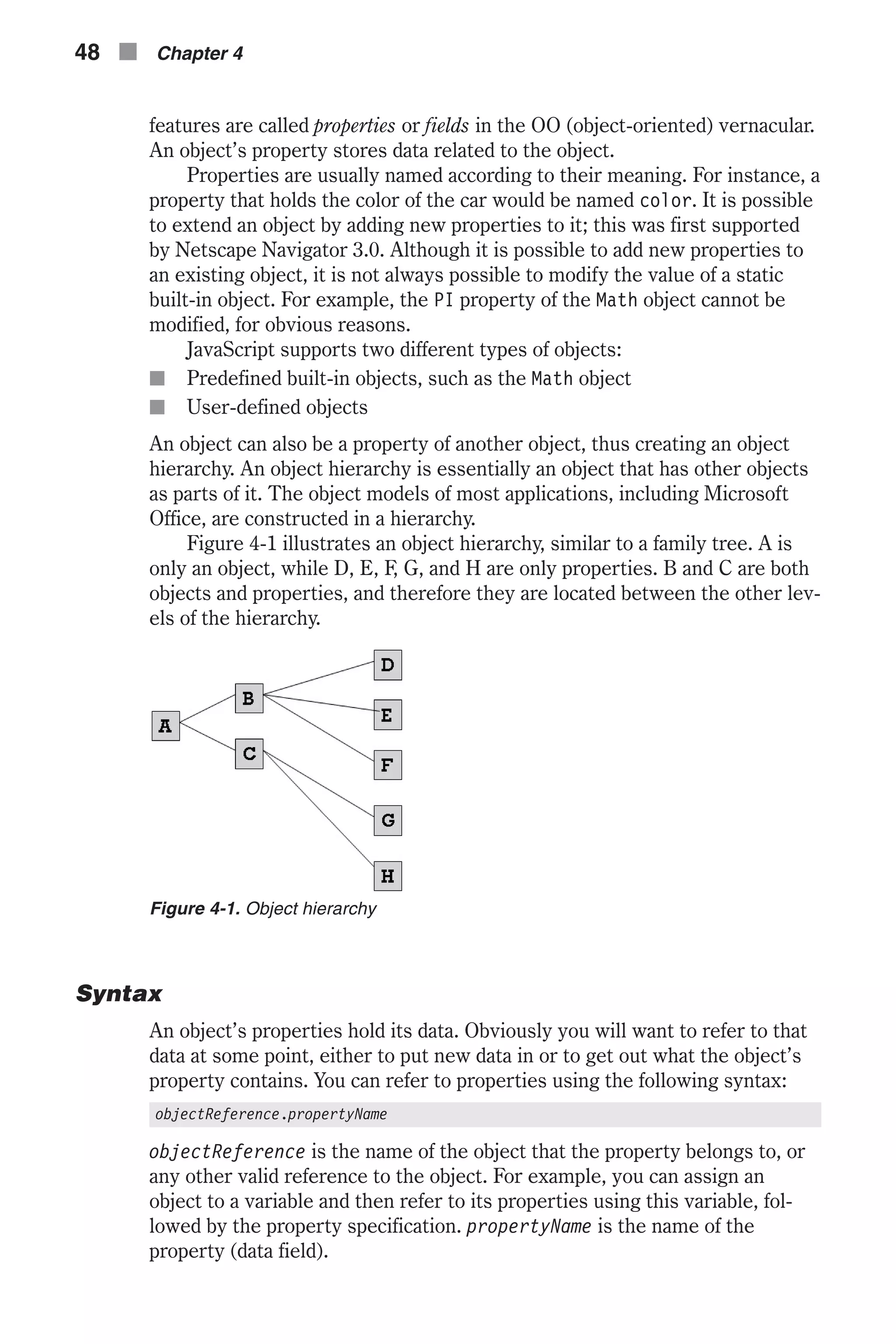 features are called properties or fields in the OO (object-oriented) vernacular. An object’s property stores data related to the object. Properties are usually named according to their meaning. For instance, a property that holds the color of the car would be named color. It is possible to extend an object by adding new properties to it; this was first supported by Netscape Navigator 3.0. Although it is possible to add new properties to an existing object, it is not always possible to modify the value of a static built-in object. For example, the PI property of the Math object cannot be modified, for obvious reasons. JavaScript supports two different types of objects: n Predefined built-in objects, such as the Math object n User-defined objects An object can also be a property of another object, thus creating an object hierarchy. An object hierarchy is essentially an object that has other objects as parts of it. The object models of most applications, including Microsoft Office, are constructed in a hierarchy. Figure 4-1 illustrates an object hierarchy, similar to a family tree. A is only an object, while D, E, F, G, and H are only properties. B and C are both objects and properties, and therefore they are located between the other lev- els of the hierarchy. Syntax An object’s properties hold its data. Obviously you will want to refer to that data at some point, either to put new data in or to get out what the object’s property contains. You can refer to properties using the following syntax: objectReference.propertyName objectReference is the name of the object that the property belongs to, or any other valid reference to the object. For example, you can assign an object to a variable and then refer to its properties using this variable, fol- lowed by the property specification. propertyName is the name of the property (data field). 48 n Chapter 4 Figure 4-1. Object hierarchy 